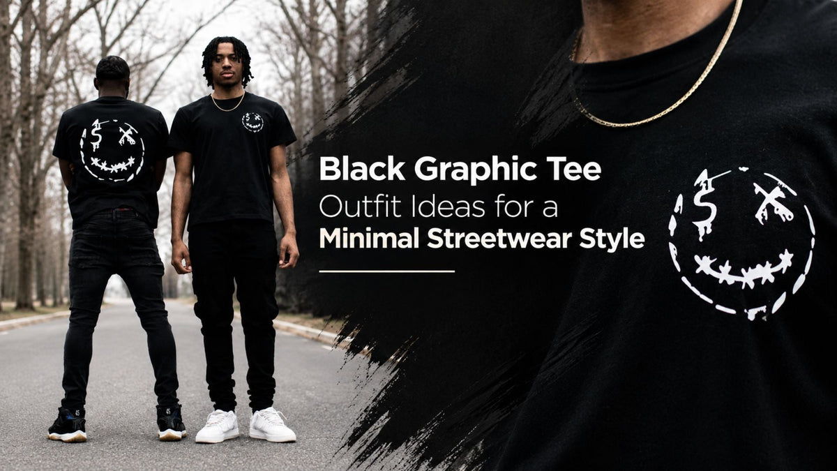 Black graphic tee outfit ideas for a minimal streetwear style with two models wearing black graphic T-shirts.